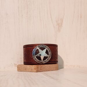 Handmade Brown Leather Bracelet with Silver Star Emblem
